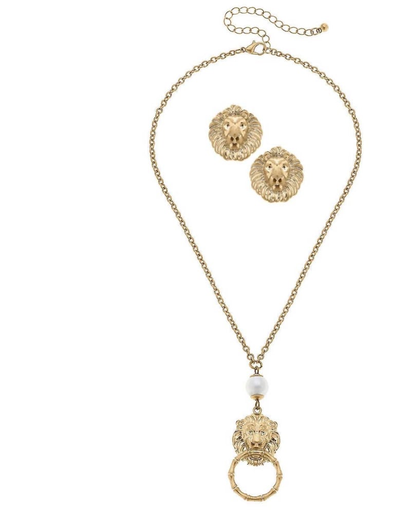 Front of a size O/S Women'S Deanna Necklace And Louise Earring Set in Gold in Gold by CANVAS Style. | dia_product_style_image_id:330865